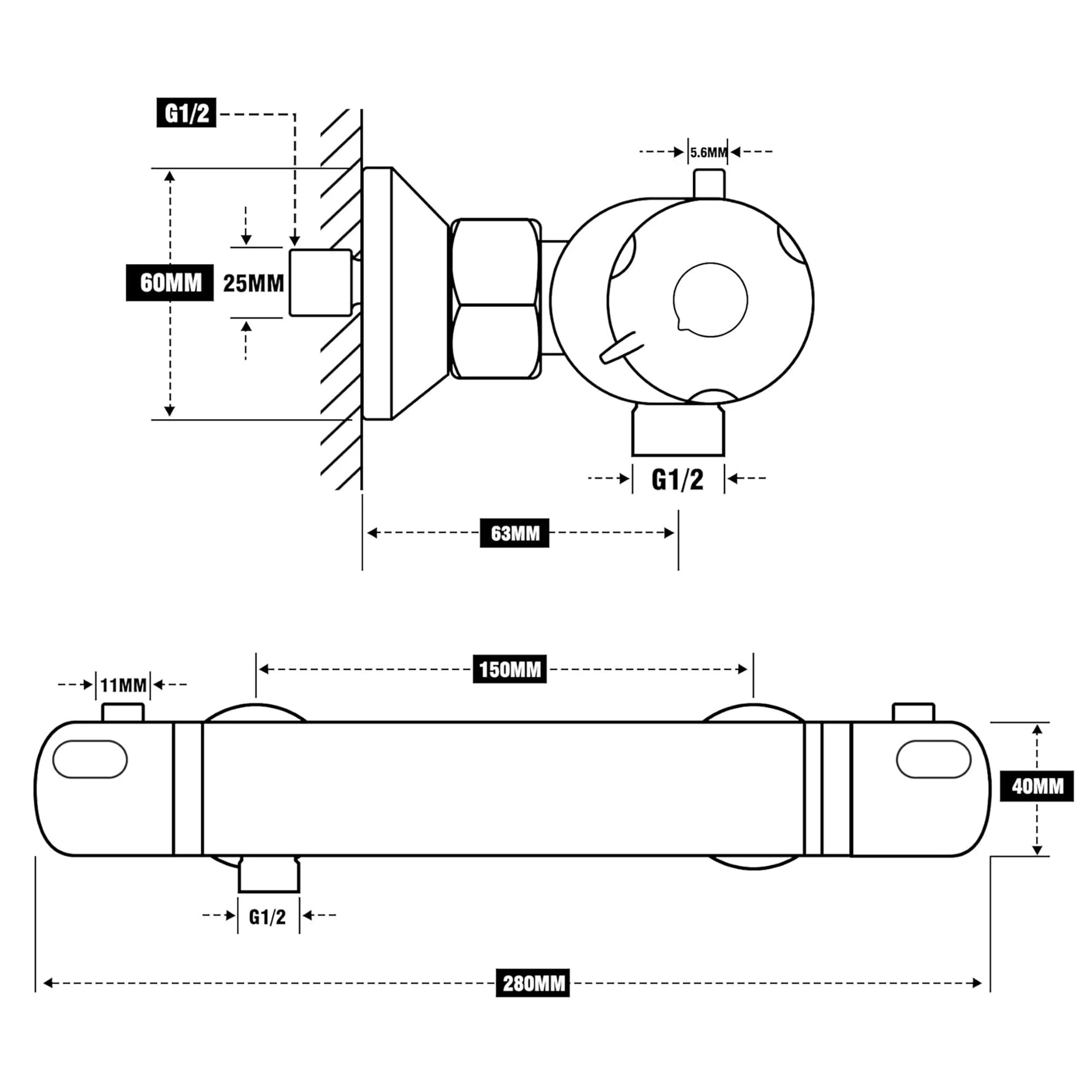 Mitigeur de Douche Thermostatique 1 sortie avec Entraxe de 150mm dimension